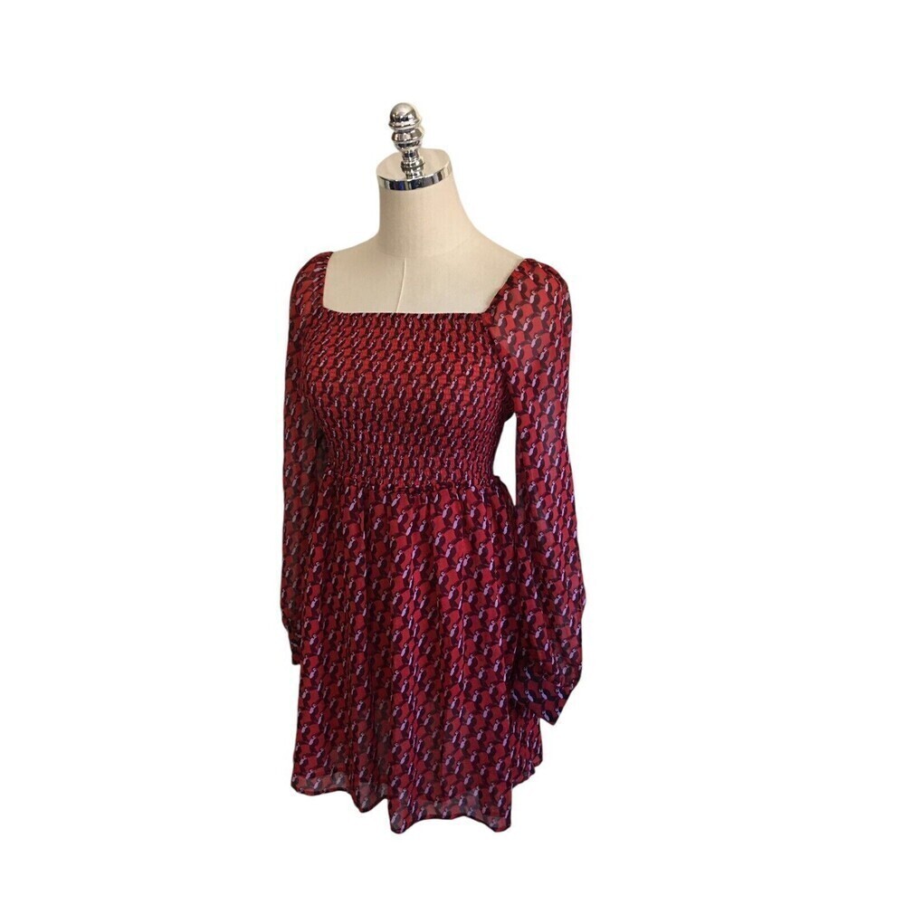 Avec Les Filles Juliet Smocked Mini Dress Medium Red Toucan Whimsigoth Peasant